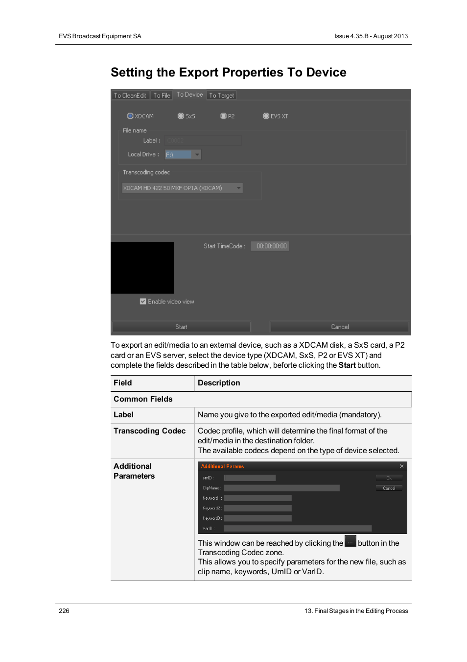 Setting the export properties to device | EVS XEDIO CleanEdit Version 4.35 - August 2013 User Manual User Manual | Page 242 / 256
