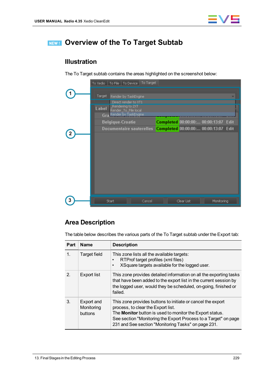 Overview of the to target subtab, Illustration, Area description | EVS XEDIO CleanEdit Version 4.35 - August 2013 User Manual User Manual | Page 245 / 256