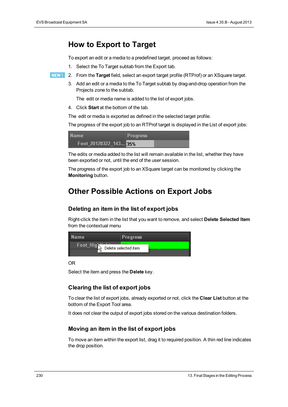 How to export to target, Other possible actions on export jobs | EVS XEDIO CleanEdit Version 4.35 - August 2013 User Manual User Manual | Page 246 / 256