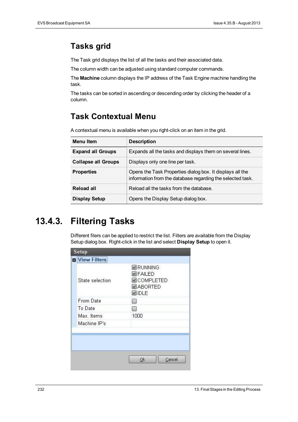 Filtering tasks, Tasks grid, Task contextual menu | EVS XEDIO CleanEdit Version 4.35 - August 2013 User Manual User Manual | Page 248 / 256