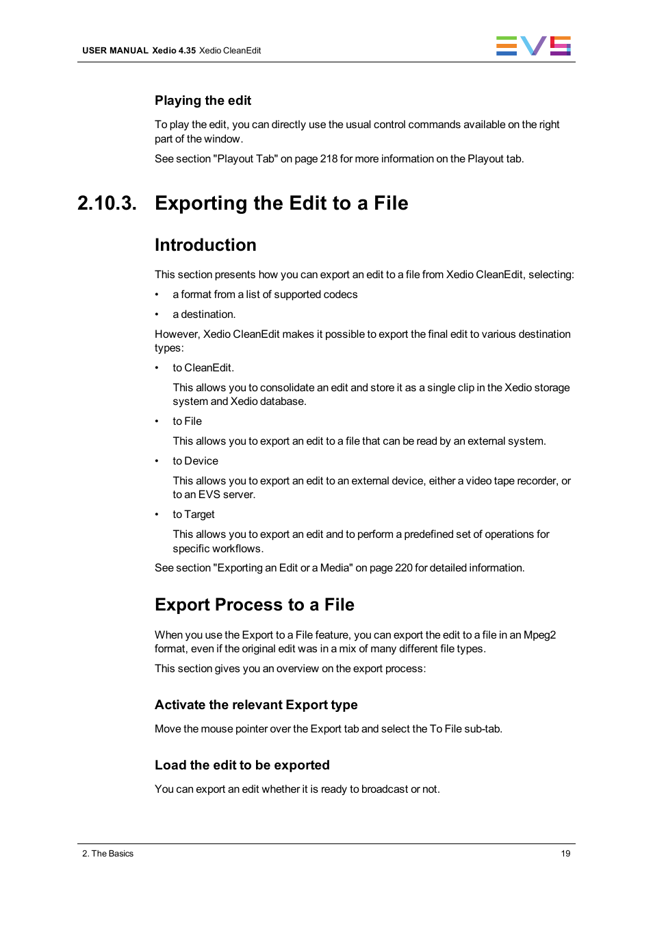 Exporting the edit to a file, Introduction, Export process to a file | EVS XEDIO CleanEdit Version 4.35 - August 2013 User Manual User Manual | Page 35 / 256