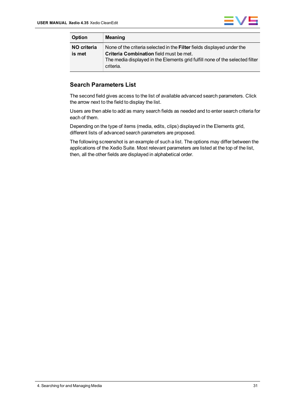Search parameters list | EVS XEDIO CleanEdit Version 4.35 - August 2013 User Manual User Manual | Page 47 / 256