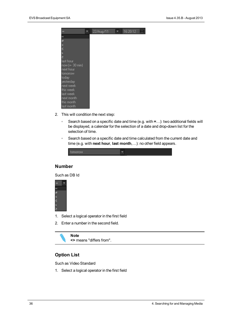 Number, Option list | EVS XEDIO CleanEdit Version 4.35 - August 2013 User Manual User Manual | Page 52 / 256