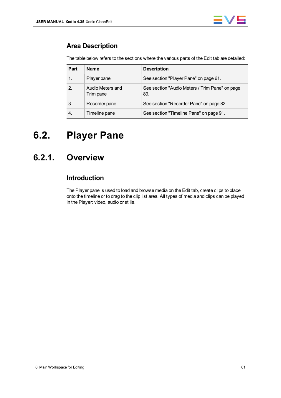 Player pane, Overview, Area description | Introduction | EVS XEDIO CleanEdit Version 4.35 - August 2013 User Manual User Manual | Page 77 / 256