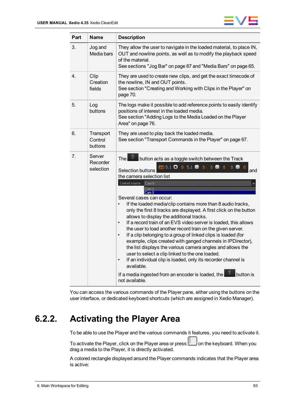 Activating the player area | EVS XEDIO CleanEdit Version 4.35 - August 2013 User Manual User Manual | Page 79 / 256