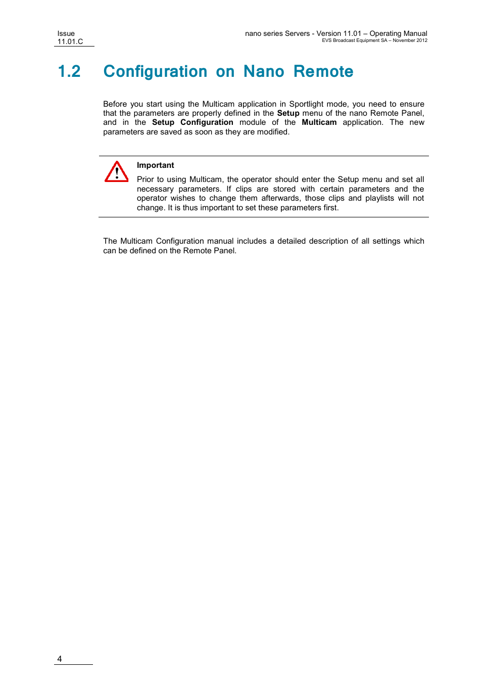 2 configuration on nano remote | EVS XTnano Version 11.01 - November 2012 Operation Manual User Manual | Page 12 / 102