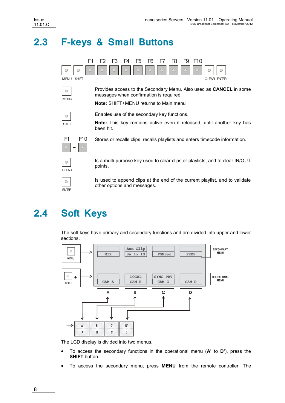 3 f-keys & small buttons, 4 soft keys | EVS XTnano Version 11.01 - November 2012 Operation Manual User Manual | Page 16 / 102
