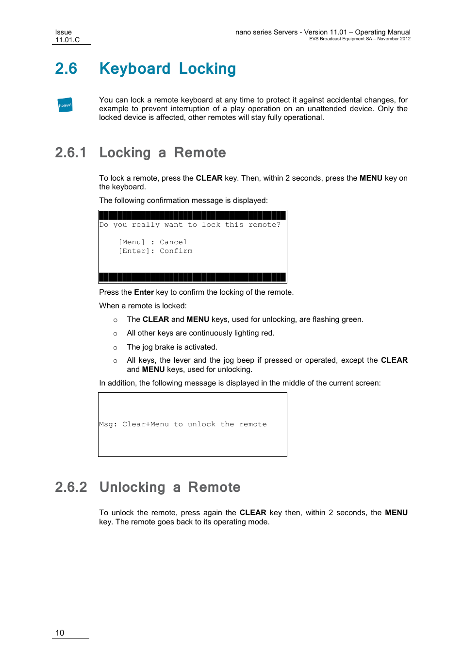 6 keyboard locking, 1 locking a remote, 2 unlocking a remote | Locking a remote, Unlocking a remote | EVS XTnano Version 11.01 - November 2012 Operation Manual User Manual | Page 18 / 102