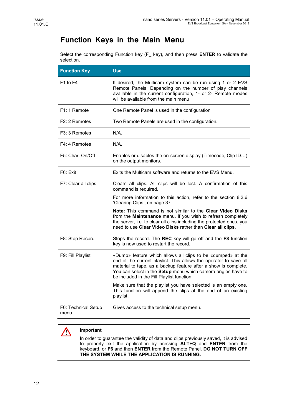 Function keys in the main menu | EVS XTnano Version 11.01 - November 2012 Operation Manual User Manual | Page 20 / 102