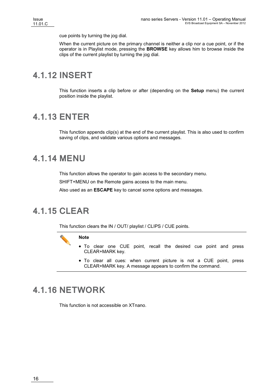 12 insert, 13 enter, 14 menu | 15 clear, 16 network, Insert, Enter, Menu, Clear, Network | EVS XTnano Version 11.01 - November 2012 Operation Manual User Manual | Page 24 / 102