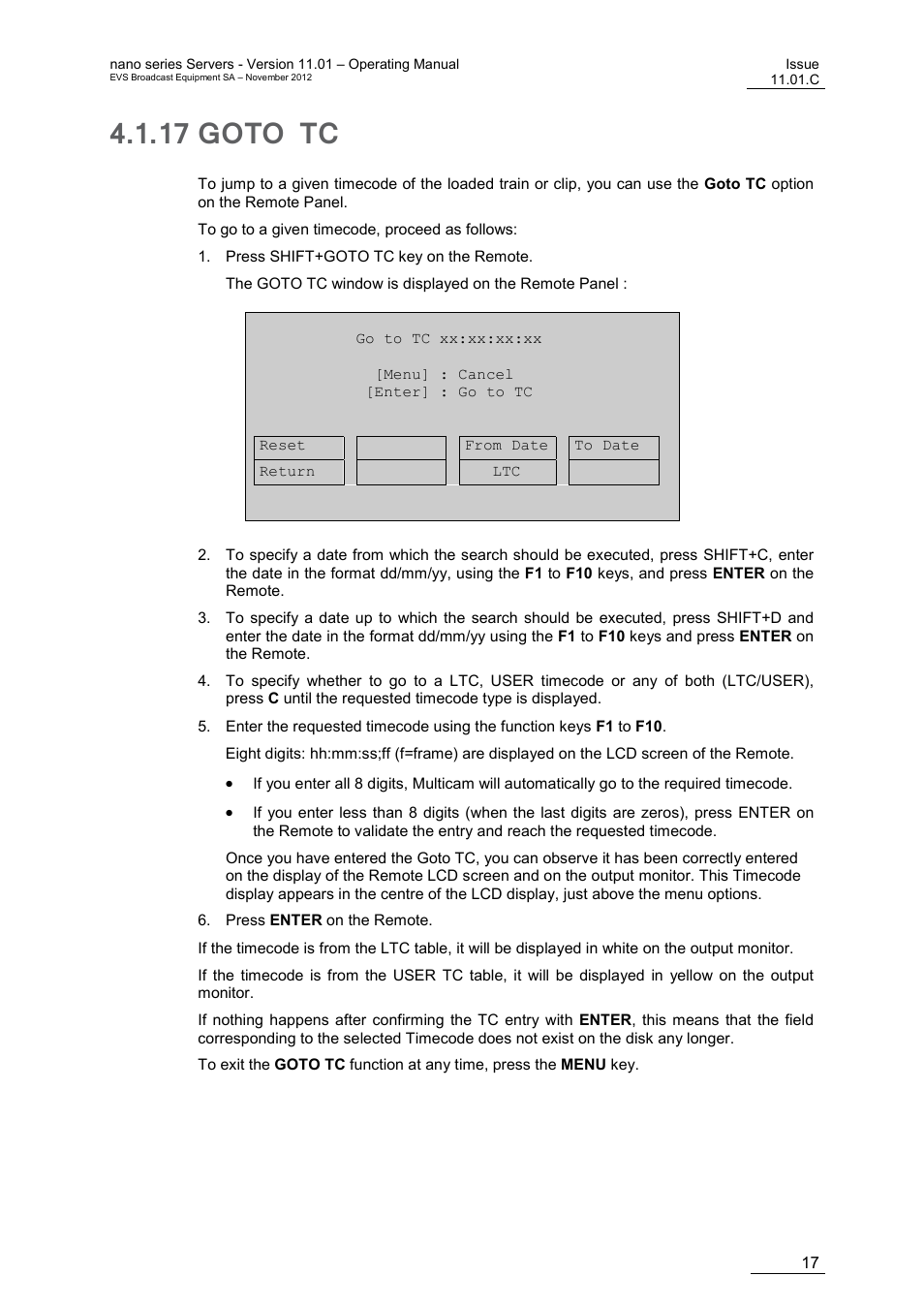 17 goto tc, Goto tc | EVS XTnano Version 11.01 - November 2012 Operation Manual User Manual | Page 25 / 102