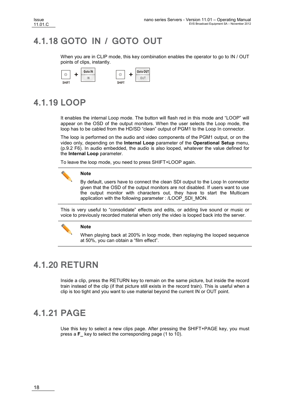 18 goto in / goto out, 19 loop, 20 return | Goto in / goto out, Loop, Return, 21 page | EVS XTnano Version 11.01 - November 2012 Operation Manual User Manual | Page 26 / 102