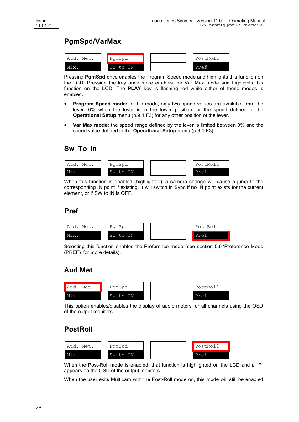 Pgmspd/varmax, Sw to in, Pref | Aud.met, Postroll | EVS XTnano Version 11.01 - November 2012 Operation Manual User Manual | Page 34 / 102
