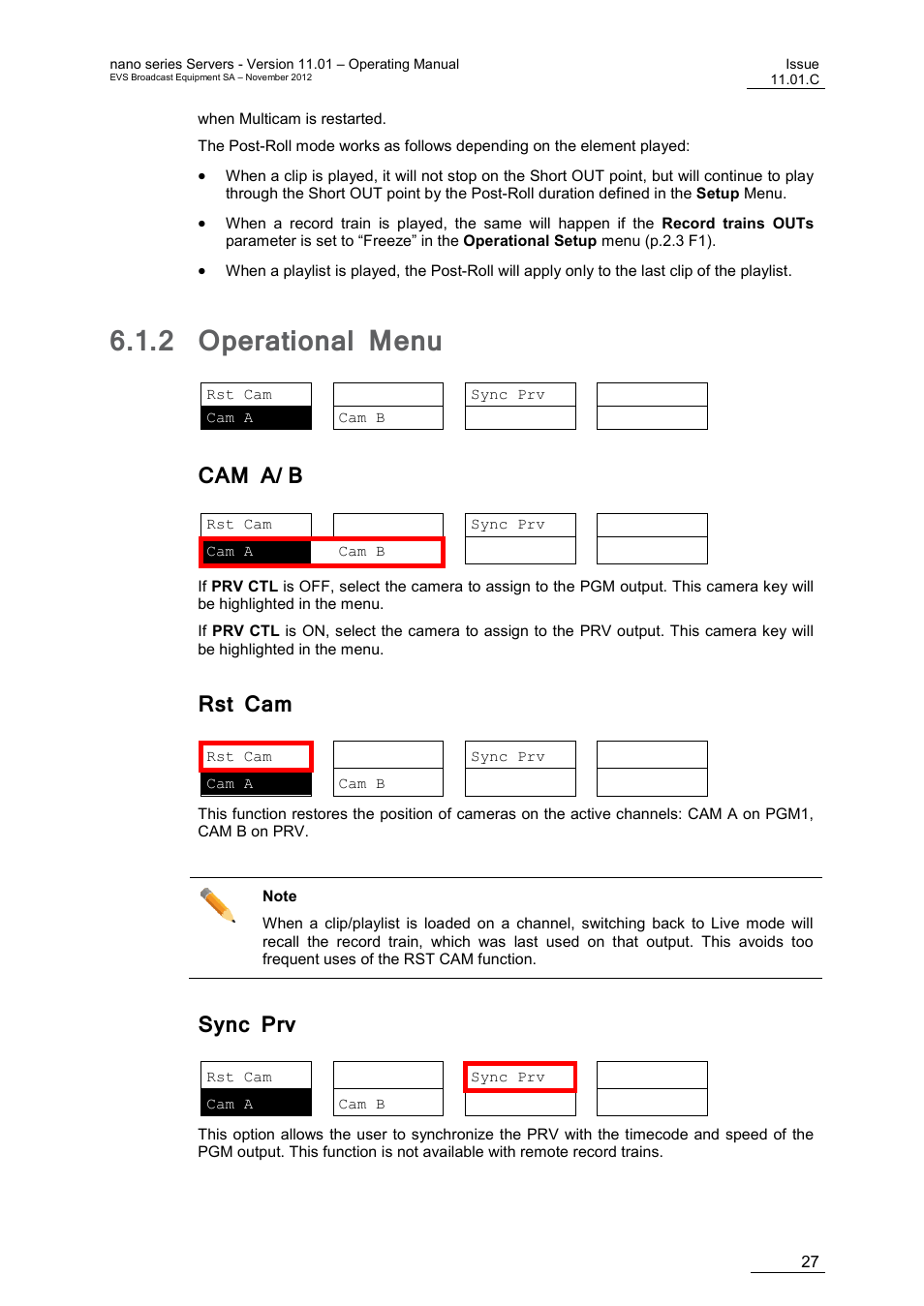 2 operational menu, Cam a/ b, Rst cam | Sync prv, Operational menu | EVS XTnano Version 11.01 - November 2012 Operation Manual User Manual | Page 35 / 102