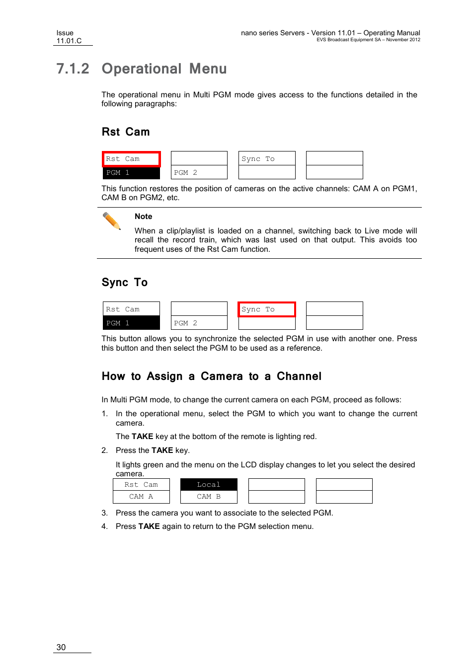 2 operational menu, Rst cam, Sync to | How to assign a camera to a channel, Operational menu | EVS XTnano Version 11.01 - November 2012 Operation Manual User Manual | Page 38 / 102