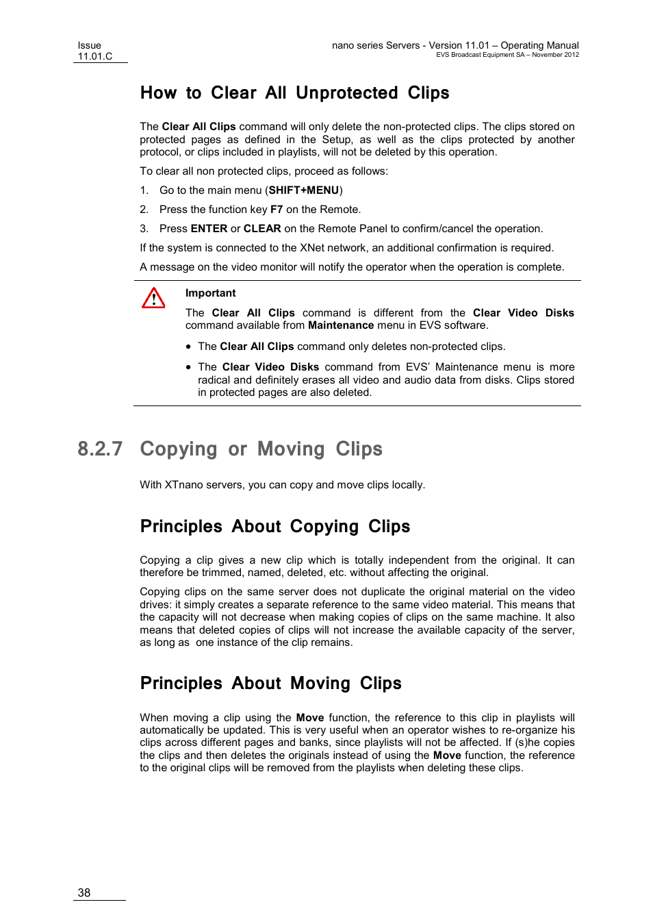 How to clear all unprotected clips, 7 copying or moving clips, Principles about copying clips | Principles about moving clips, Copying or moving clips | EVS XTnano Version 11.01 - November 2012 Operation Manual User Manual | Page 46 / 102
