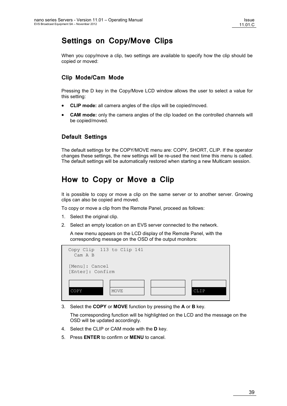 Settings on copy/move clips, Clip mode/cam mode, Default settings | How to copy or move a clip | EVS XTnano Version 11.01 - November 2012 Operation Manual User Manual | Page 47 / 102