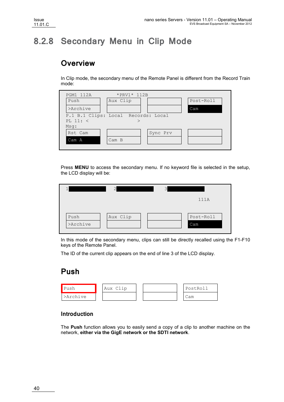 8 secondary menu in clip mode, Overview, Push | Introduction, Secondary menu in clip mode | EVS XTnano Version 11.01 - November 2012 Operation Manual User Manual | Page 48 / 102