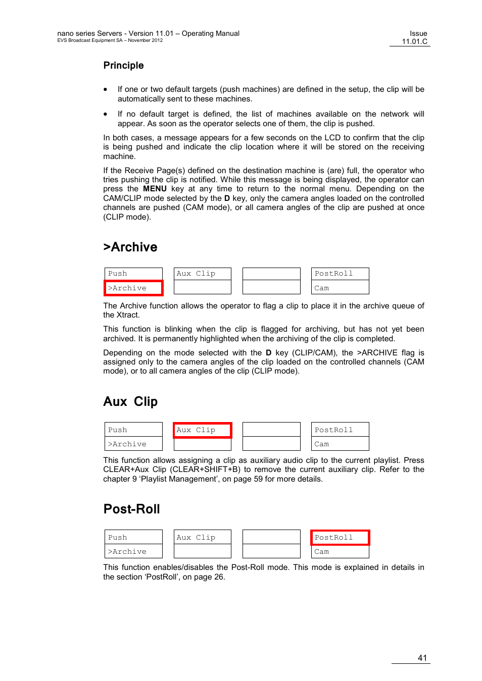 Principle, Archive, Aux clip | Post-roll | EVS XTnano Version 11.01 - November 2012 Operation Manual User Manual | Page 49 / 102