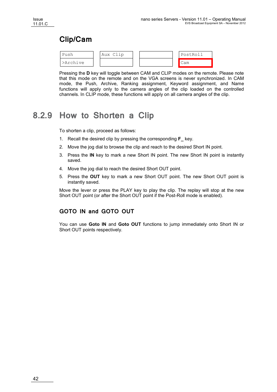 Clip/cam, 9 how to shorten a clip, Goto in and goto out | How to shorten a clip | EVS XTnano Version 11.01 - November 2012 Operation Manual User Manual | Page 50 / 102