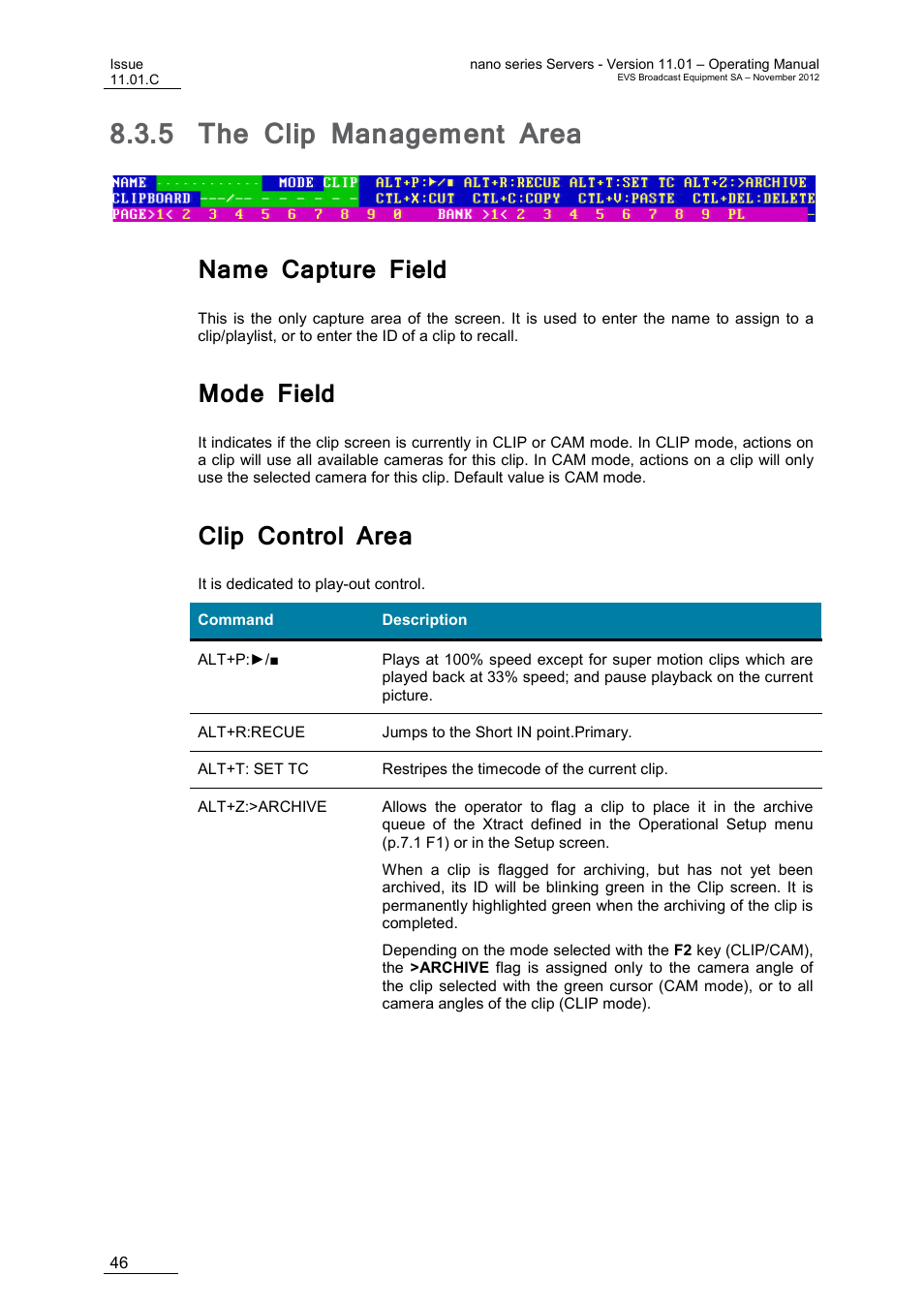 5 the clip management area, Name capture field, Mode field | Clip control area, The clip management area | EVS XTnano Version 11.01 - November 2012 Operation Manual User Manual | Page 54 / 102