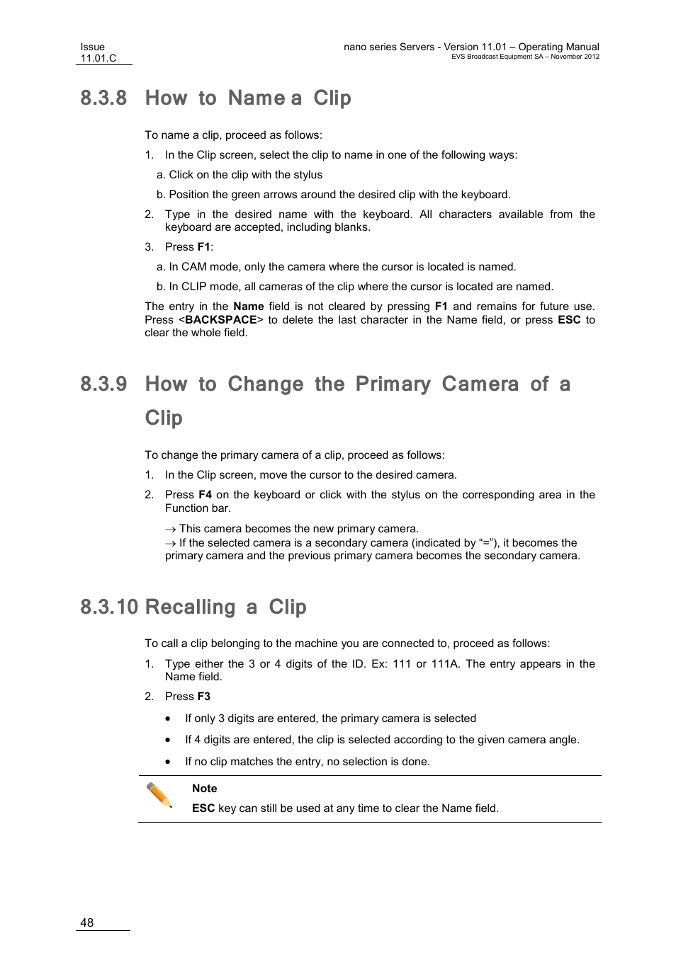 8 how to name a clip, 9 how to change the primary camera of a clip, 10 recalling a clip | How to name a clip, How to change the primary camera of a clip, Recalling a clip, N 8.3.8 ‘how to name a clip, Ge 48, On 8.3.9 ‘how to change the primary camera, Of a clip | EVS XTnano Version 11.01 - November 2012 Operation Manual User Manual | Page 56 / 102