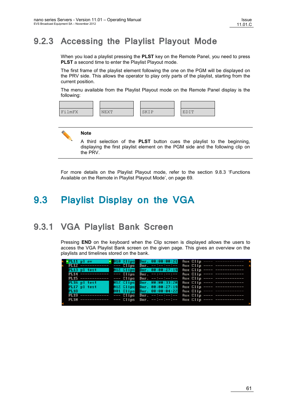 3 accessing the playlist playout mode, 3 playlist display on the vga, 1 vga playlist bank screen | Accessing the playlist playout mode, Vga playlist bank screen | EVS XTnano Version 11.01 - November 2012 Operation Manual User Manual | Page 69 / 102