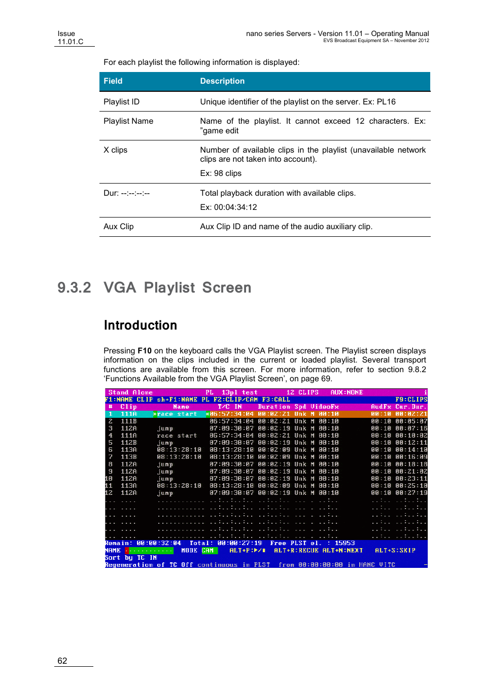 2 vga playlist screen, Introduction, Vga playlist screen | EVS XTnano Version 11.01 - November 2012 Operation Manual User Manual | Page 70 / 102