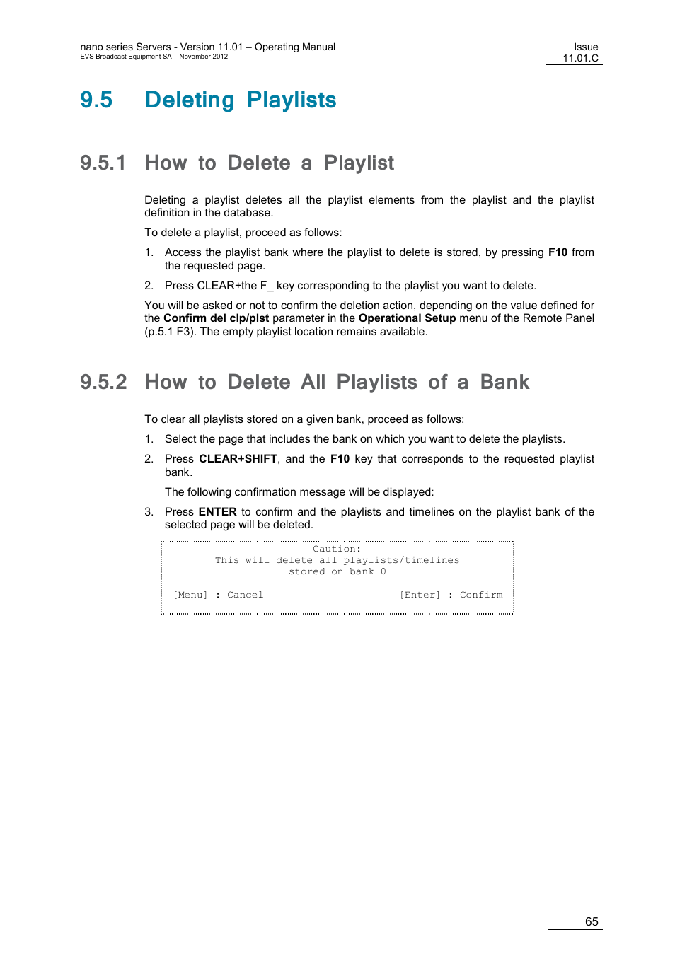 5 deleting playlists, 1 how to delete a playlist, 2 how to delete all playlists of a bank | How to delete a playlist, How to delete all playlists of a bank | EVS XTnano Version 11.01 - November 2012 Operation Manual User Manual | Page 73 / 102