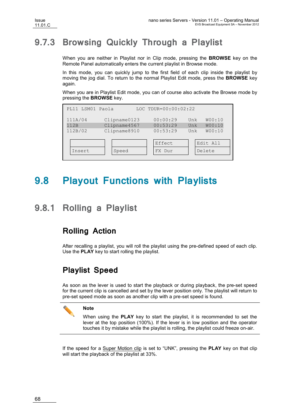 3 browsing quickly through a playlist, 8 playout functions with playlists, 1 rolling a playlist | Rolling action, Playlist speed, Browsing quickly through a playlist, Rolling a playlist, On 9.7.3 ‘browsing quickly through a playlist | EVS XTnano Version 11.01 - November 2012 Operation Manual User Manual | Page 76 / 102