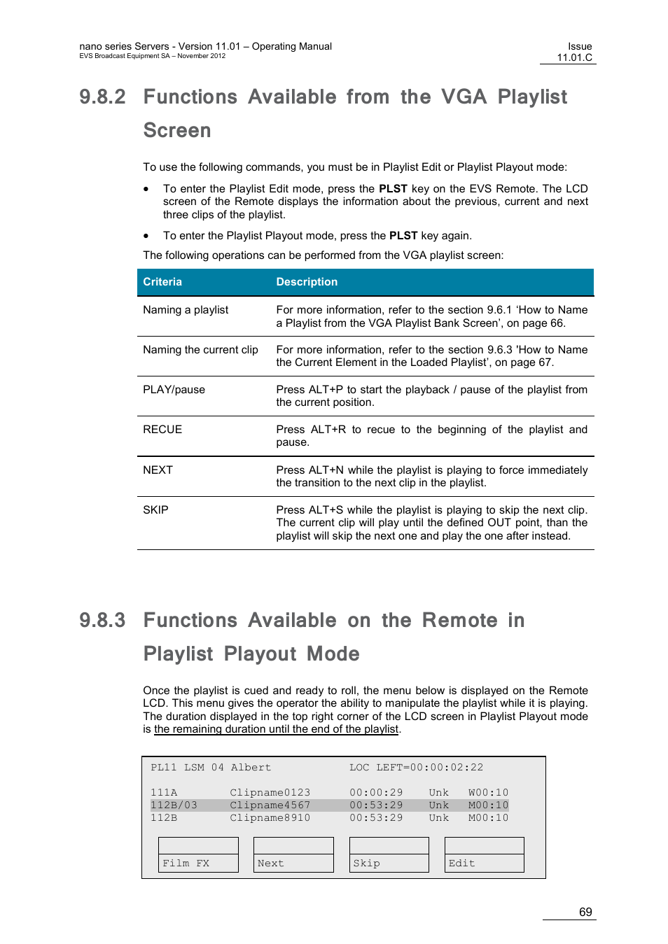 2 functions available from the vga playlist screen, Functions available from the vga playlist screen | EVS XTnano Version 11.01 - November 2012 Operation Manual User Manual | Page 77 / 102