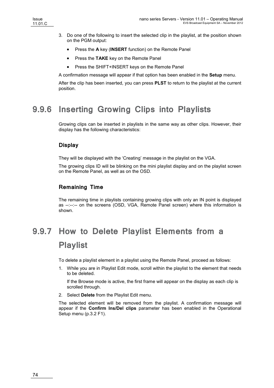 6 inserting growing clips into playlists, Display, Remaining time | 7 how to delete playlist elements from a playlist, Inserting growing clips into playlists, How to delete playlist elements from a playlist | EVS XTnano Version 11.01 - November 2012 Operation Manual User Manual | Page 82 / 102