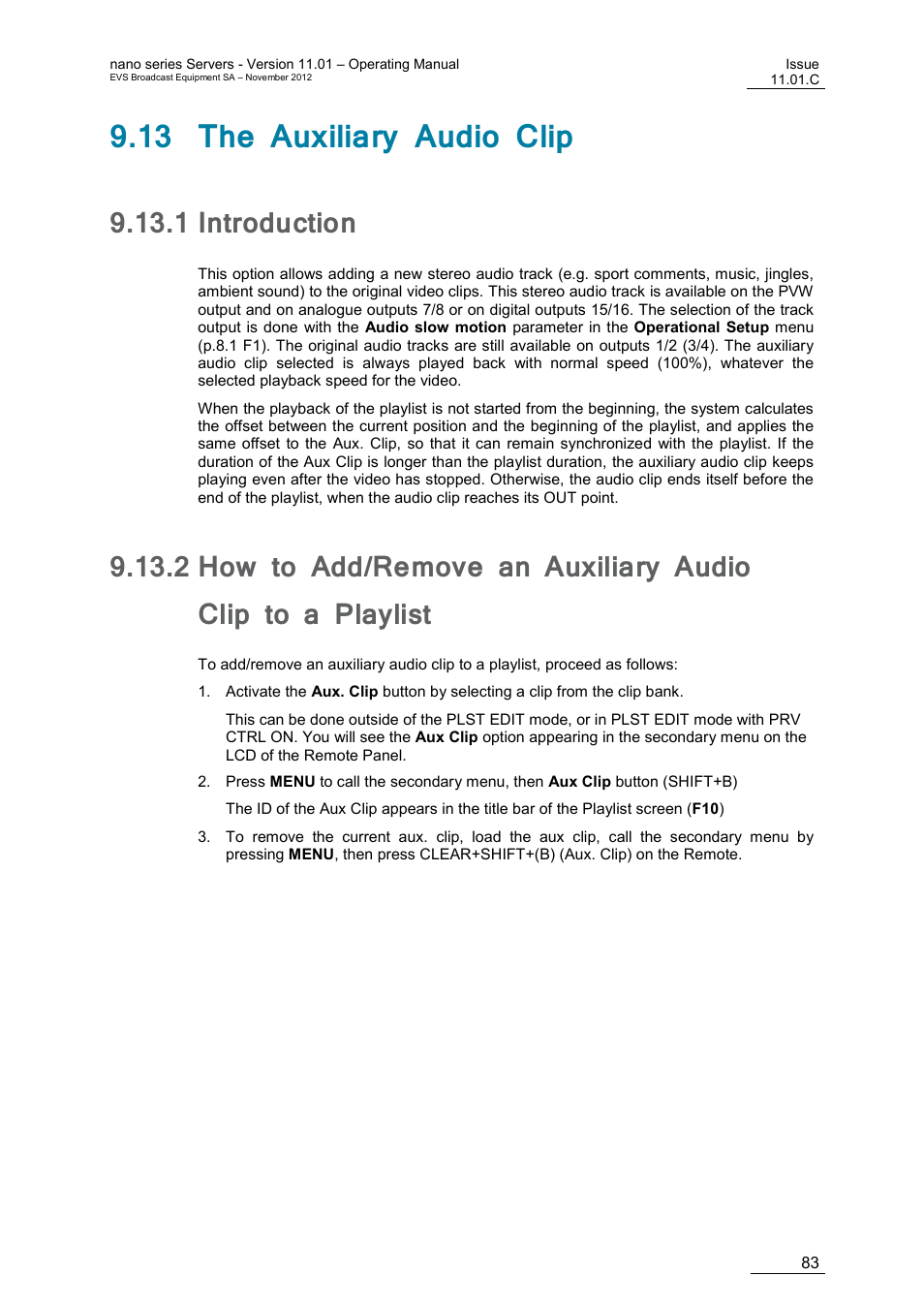13 the auxiliary audio clip, 1 introduction, Introduction | EVS XTnano Version 11.01 - November 2012 Operation Manual User Manual | Page 91 / 102