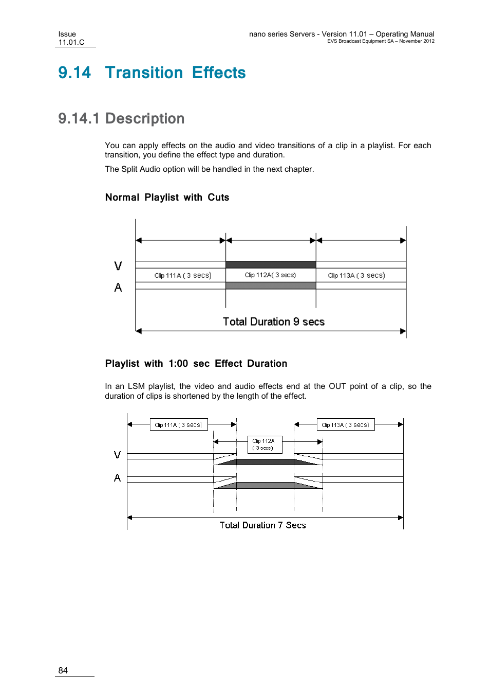 14 transition effects, 1 description, Normal playlist with cuts | Playlist with 1:00 sec effect duration, Description, On 9.14 ‘transition effects | EVS XTnano Version 11.01 - November 2012 Operation Manual User Manual | Page 92 / 102