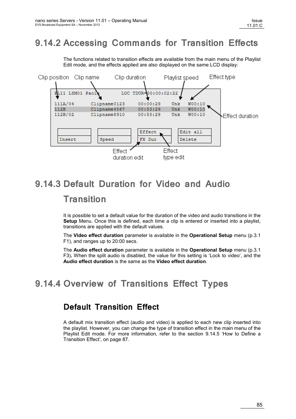2 accessing commands for transition effects, 3 default duration for video and audio transition, 4 overview of transitions effect types | Default transition effect, Accessing commands for transition effects, Default duration for video and audio transition, Overview of transitions effect types | EVS XTnano Version 11.01 - November 2012 Operation Manual User Manual | Page 93 / 102