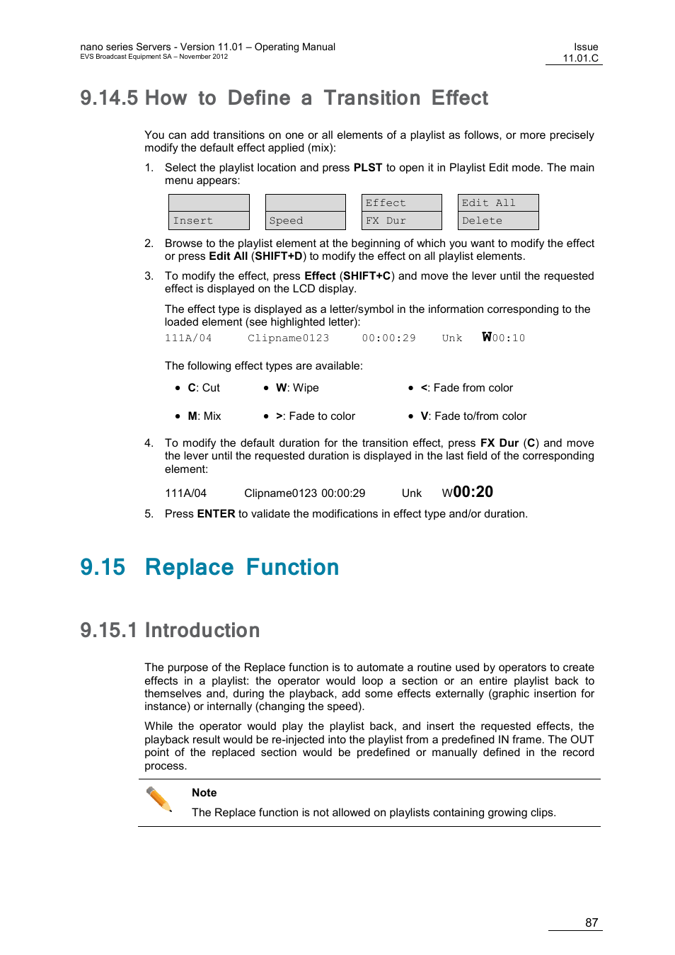 5 how to define a transition effect, 15 replace function, 1 introduction | How to define a transition effect, Introduction, N 9.15 ‘replace, Function, E 87 | EVS XTnano Version 11.01 - November 2012 Operation Manual User Manual | Page 95 / 102