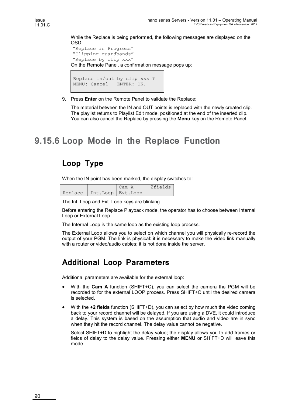 6 loop mode in the replace function, Loop type, Additional loop parameters | Loop mode in the replace function, E 90 | EVS XTnano Version 11.01 - November 2012 Operation Manual User Manual | Page 98 / 102