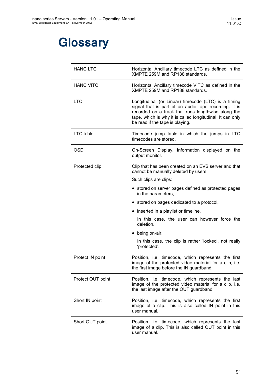 Glossary, Lossary | EVS XTnano Version 11.01 - November 2012 Operation Manual User Manual | Page 99 / 102
