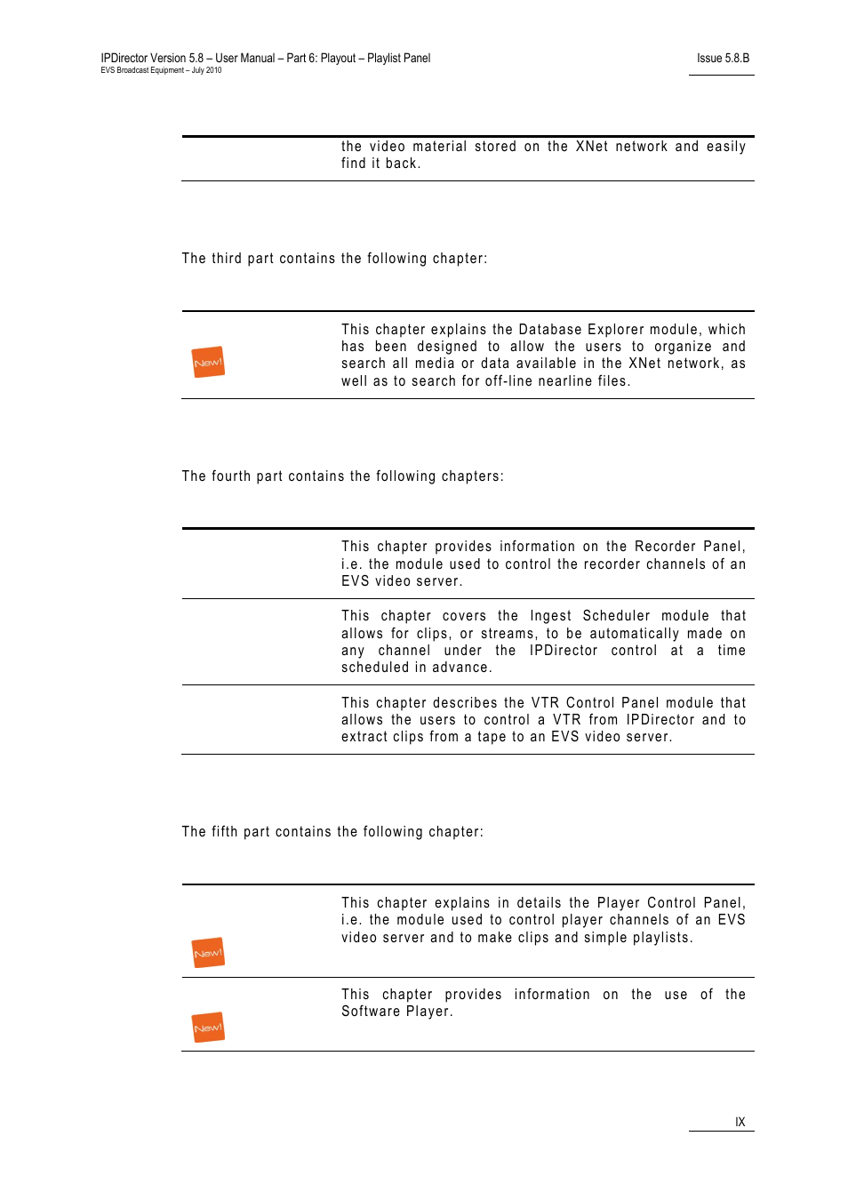 Part 3: browsing, Part 4: ingest, Part 5: playout – control panel | EVS IPDirector Version 5.8 - July 2010 Part 6 User's Manual User Manual | Page 10 / 178
