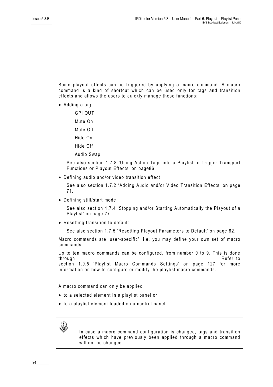 Introduction, 94 fo, 94 f | Pplying a, Acro, Ommand to, Rigger, Layout, Ffects | EVS IPDirector Version 5.8 - July 2010 Part 6 User's Manual User Manual | Page 105 / 178