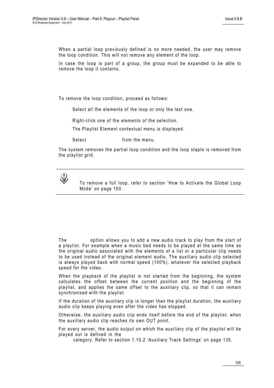 Removing a loop, How to remove a partial loop, Purpose | Associating an auxiliary audio clip to a playlist, 105 f, 12 a, Ssociating an, Uxiliary, Udio, Lip to a | EVS IPDirector Version 5.8 - July 2010 Part 6 User's Manual User Manual | Page 116 / 178