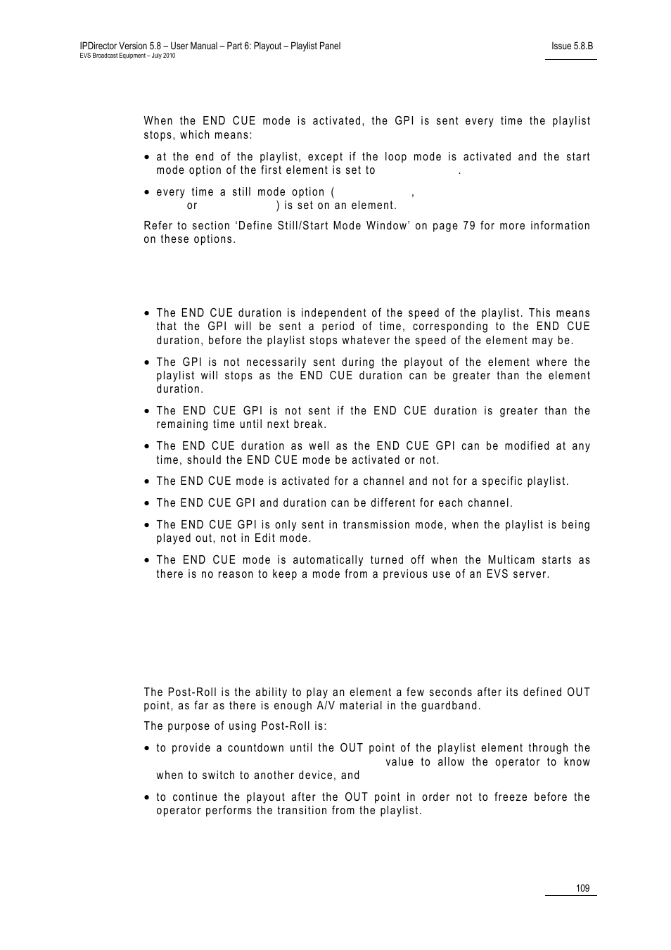 End-cue mechanism, End-cue characteristics, 14 working with post-roll | Purpose, Working with post-roll, 109 f, 14 ‘ working with post-roll, 14 w, Orking with | EVS IPDirector Version 5.8 - July 2010 Part 6 User's Manual User Manual | Page 120 / 178