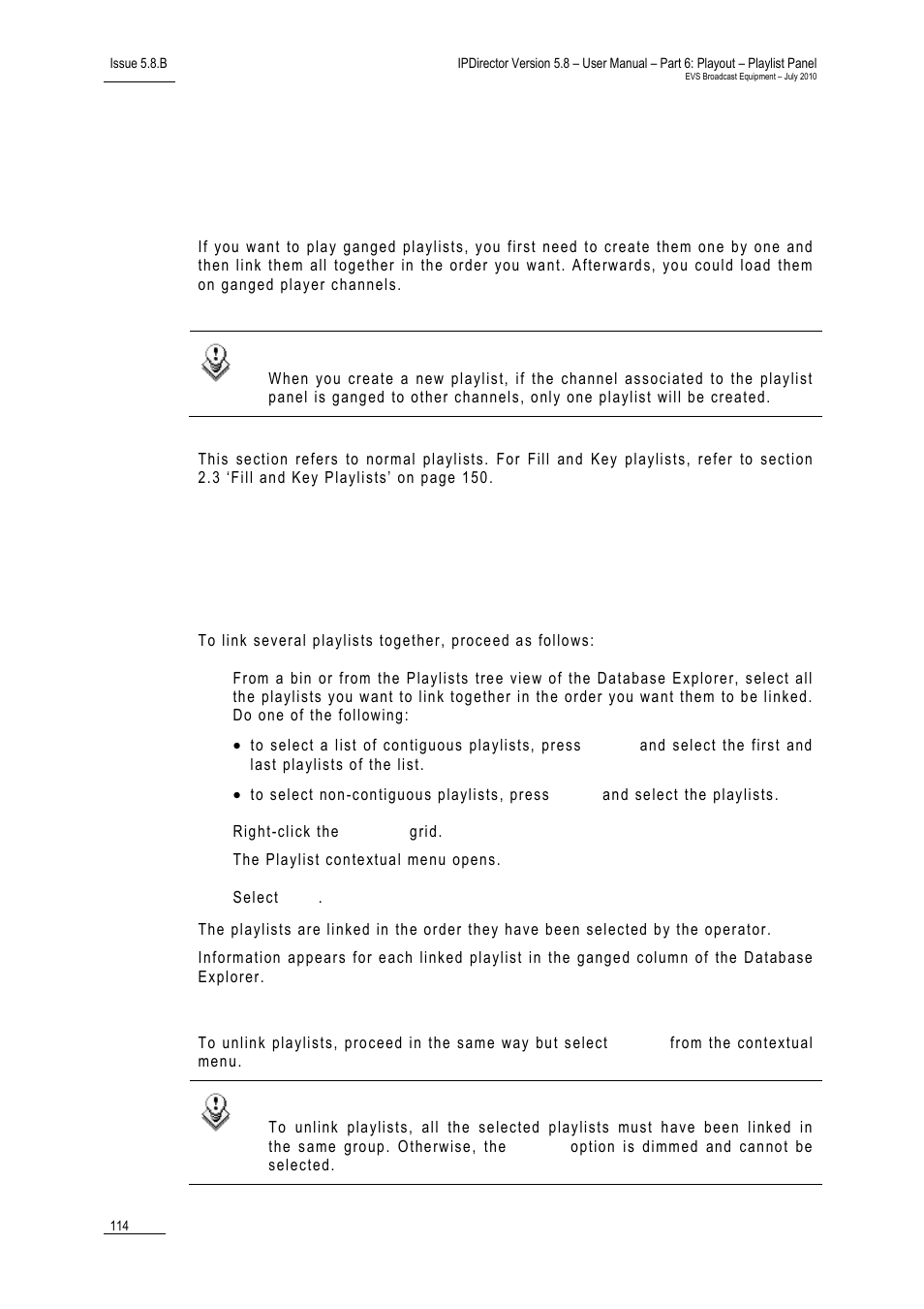 8 ganged playlists management, 1 introduction, 2 linking or unlinking playlists | How to (un)link playlists, Unlink playlists, Ganged playlists management, Introduction, Linking or unlinking playlists, Ntroduction, Inking or | EVS IPDirector Version 5.8 - July 2010 Part 6 User's Manual User Manual | Page 125 / 178