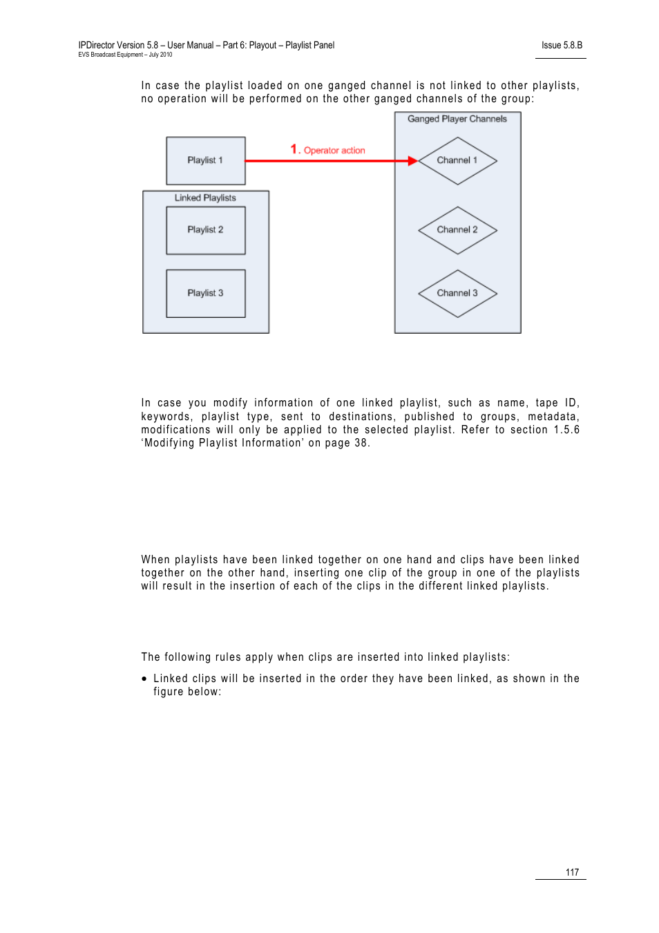 4 modifying information of a linked playlist, 5 operations on elements from linked playlists, Inserting clips in linked playlists | Rules for inserting clips, Modifying information of a linked playlist, Operations on elements from linked playlists | EVS IPDirector Version 5.8 - July 2010 Part 6 User's Manual User Manual | Page 128 / 178