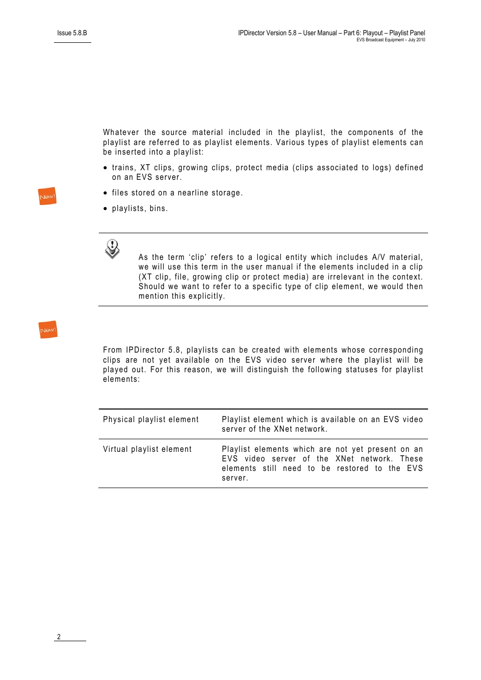 2 playlist element types and statuses, Possible source material, Virtual and physical playlist elements | Playlist element types and statuses, Laylist, Lement, Ypes and, Tatuses | EVS IPDirector Version 5.8 - July 2010 Part 6 User's Manual User Manual | Page 13 / 178