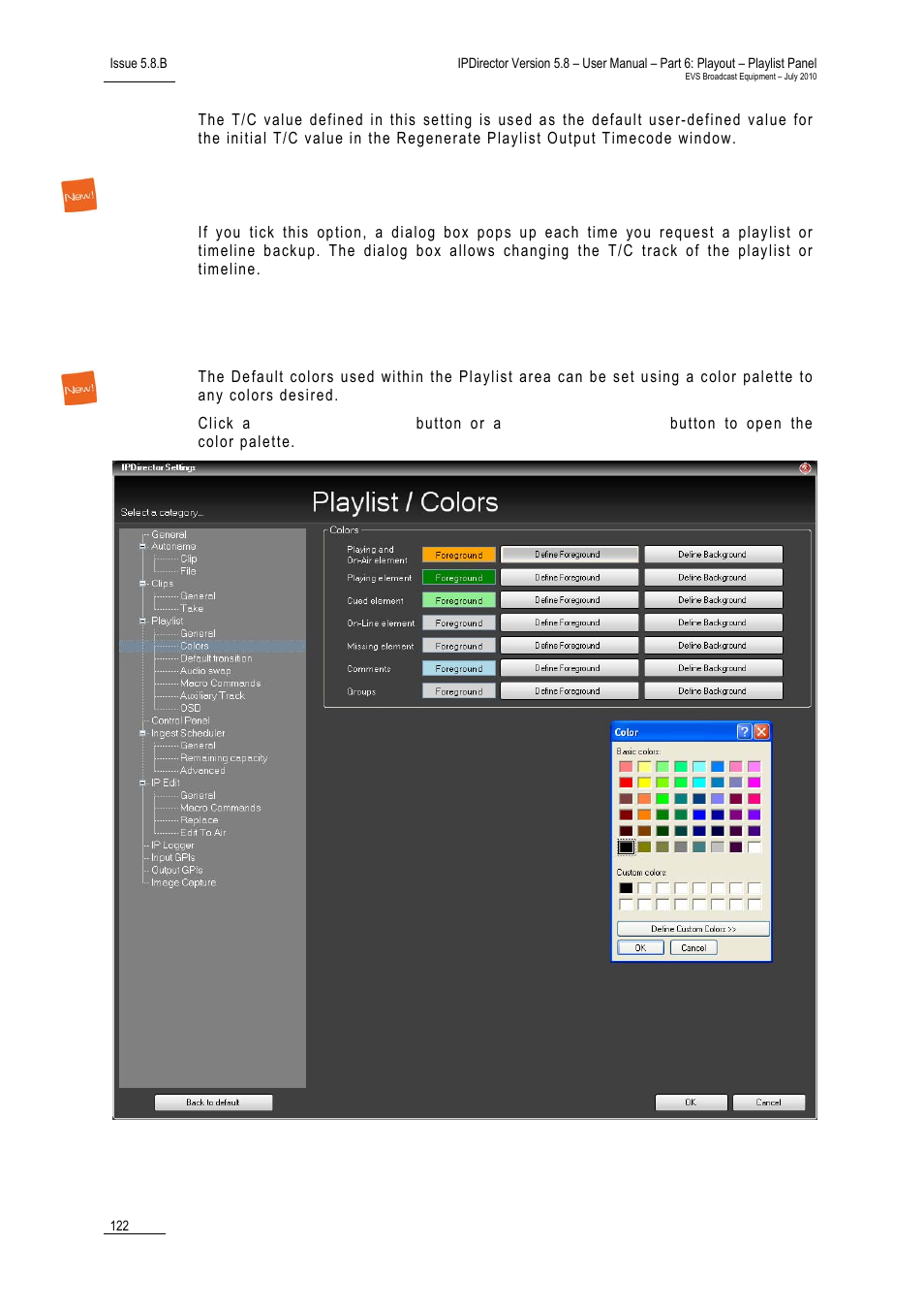 Always valide t/c track at backup, 2 colors settings, Colors settings | Olors, Ettings | EVS IPDirector Version 5.8 - July 2010 Part 6 User's Manual User Manual | Page 133 / 178