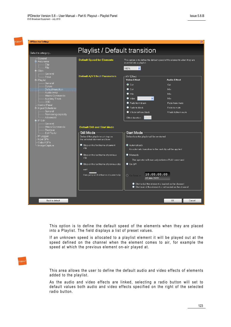 Default transition settings, Default speed for elements, Default a/v effect parameters | 3 ‘default transition settings, 123 fo | EVS IPDirector Version 5.8 - July 2010 Part 6 User's Manual User Manual | Page 134 / 178