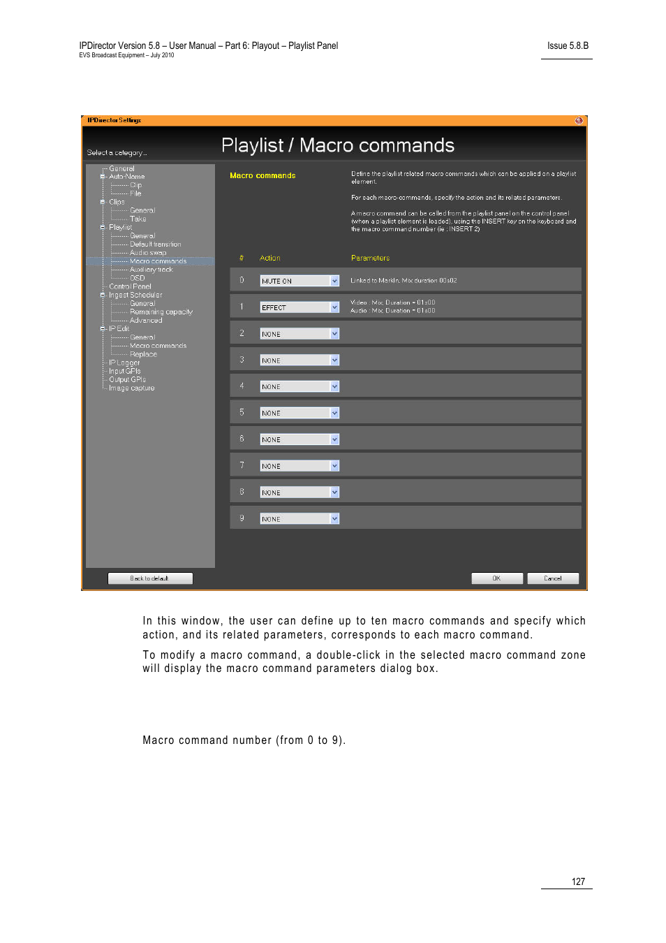 5 playlist macro commands settings, Field, Playlist macro commands settings | 5 ‘playlist macro commands settings, 127 for, 127 f, 127 fo, Laylist, Acro, Ommands | EVS IPDirector Version 5.8 - July 2010 Part 6 User's Manual User Manual | Page 138 / 178