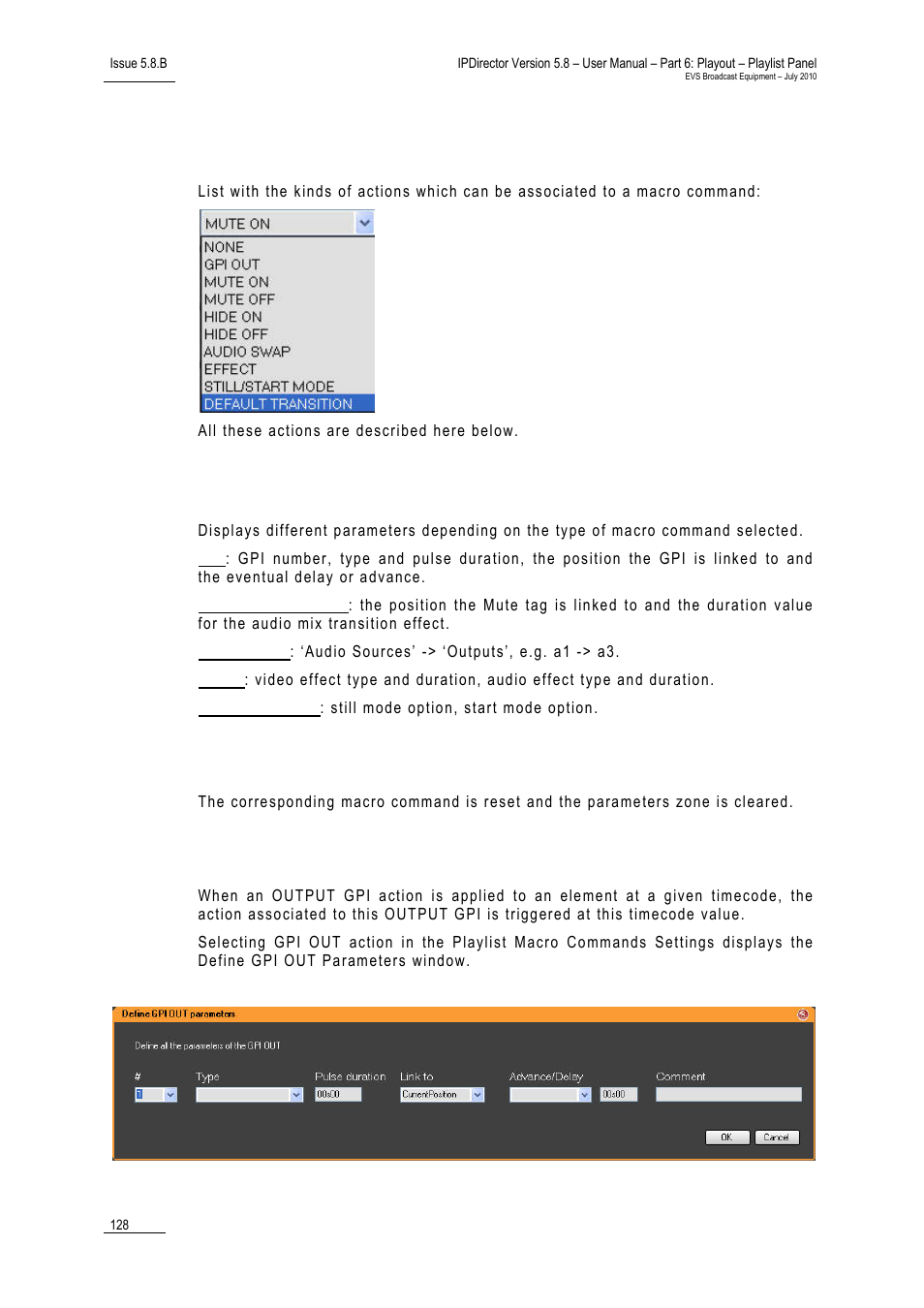 Action field, Parameters, Action = none | Action = gpi out | EVS IPDirector Version 5.8 - July 2010 Part 6 User's Manual User Manual | Page 139 / 178