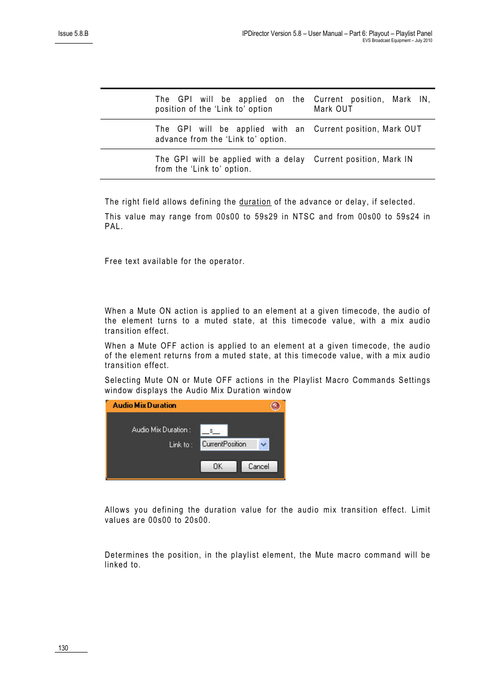 Comment, Action = mute on or mute off, Mute duration | Link to | EVS IPDirector Version 5.8 - July 2010 Part 6 User's Manual User Manual | Page 141 / 178